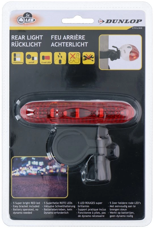 DUNLOP kerékpár hátsó lámpa 5 LED, 3 funkciós, 2xAAA (nem tartozék)